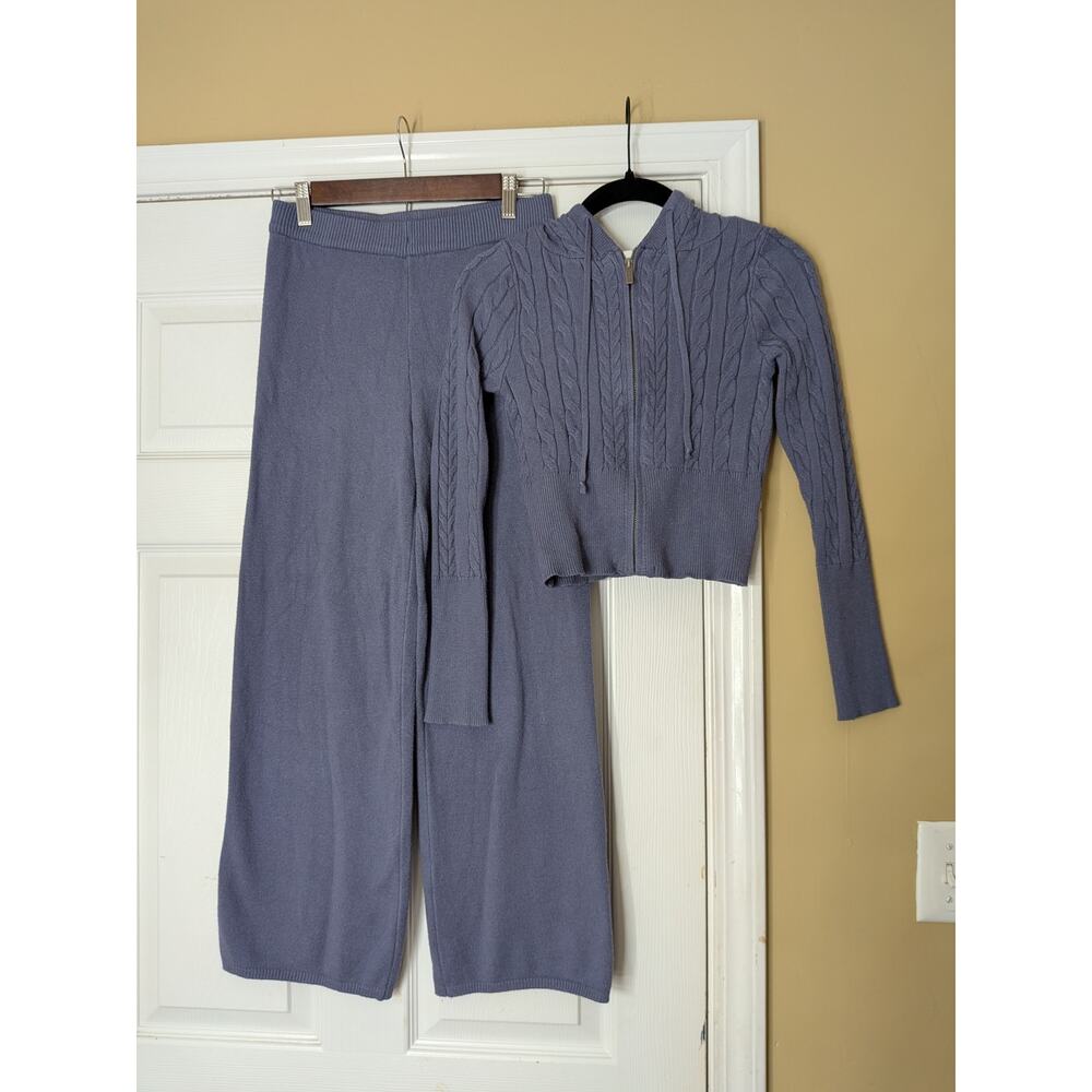 Pink Rose Cable Knit Lounge Set Size Small Blue Cropped Hoodie Knit Pants Casual